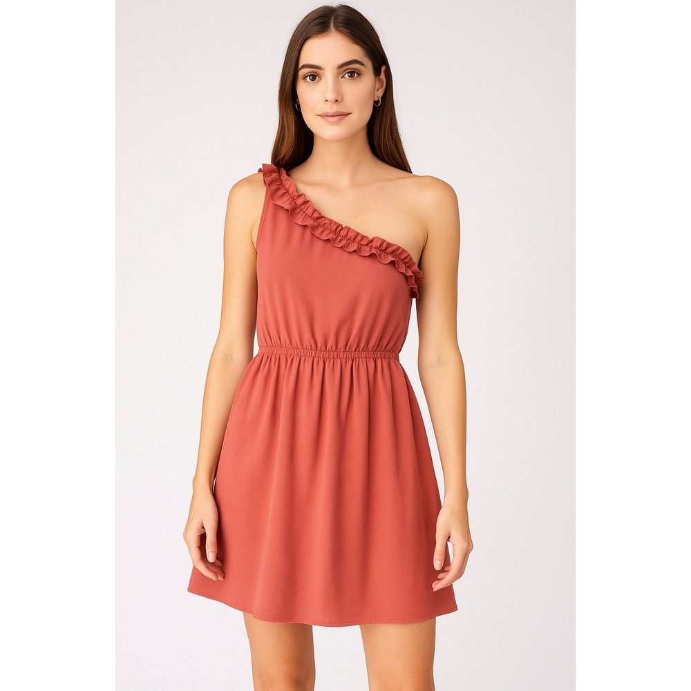 Entro One Shoulder Ruffle Dress Smocked Waist Party Cocktail Dress S